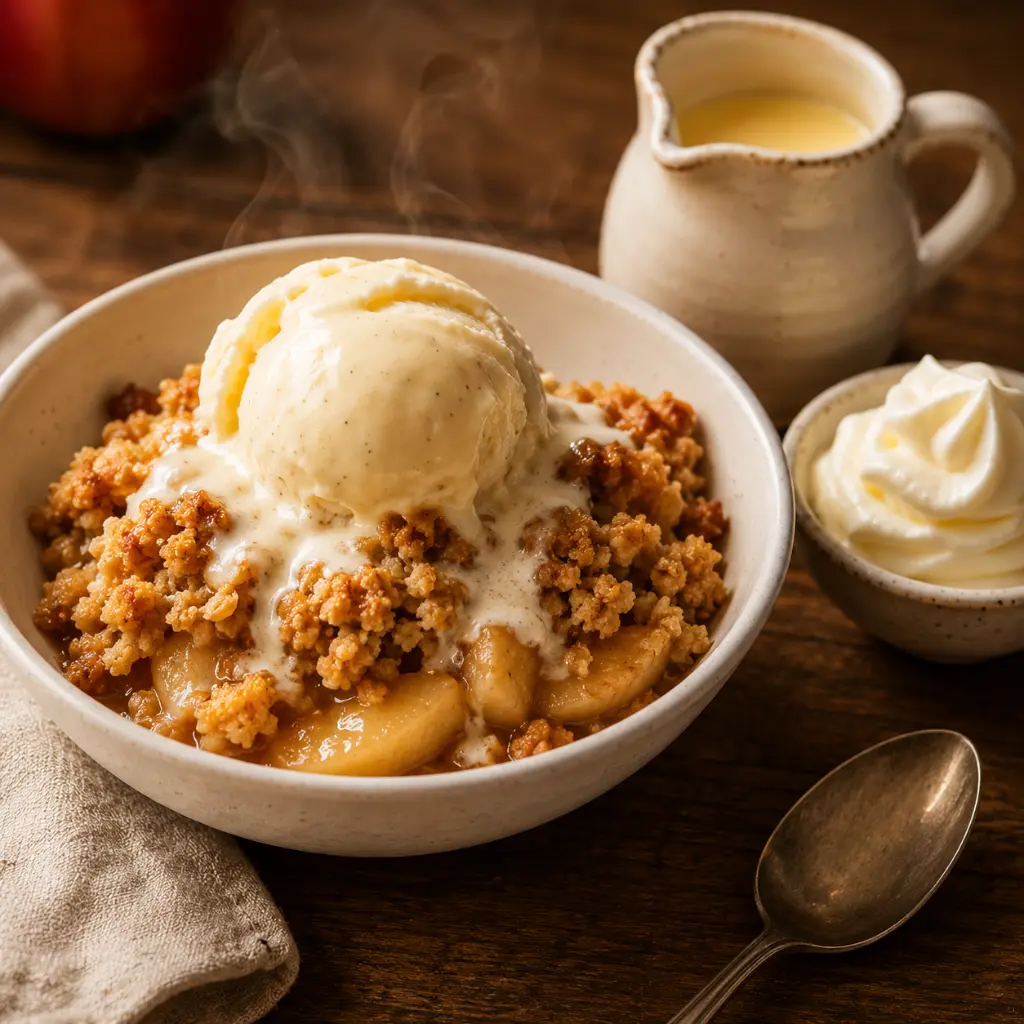 warm crumble recipe served in a white bowl with melting vanilla ice cream, custard, and whipped cream on a wooden table