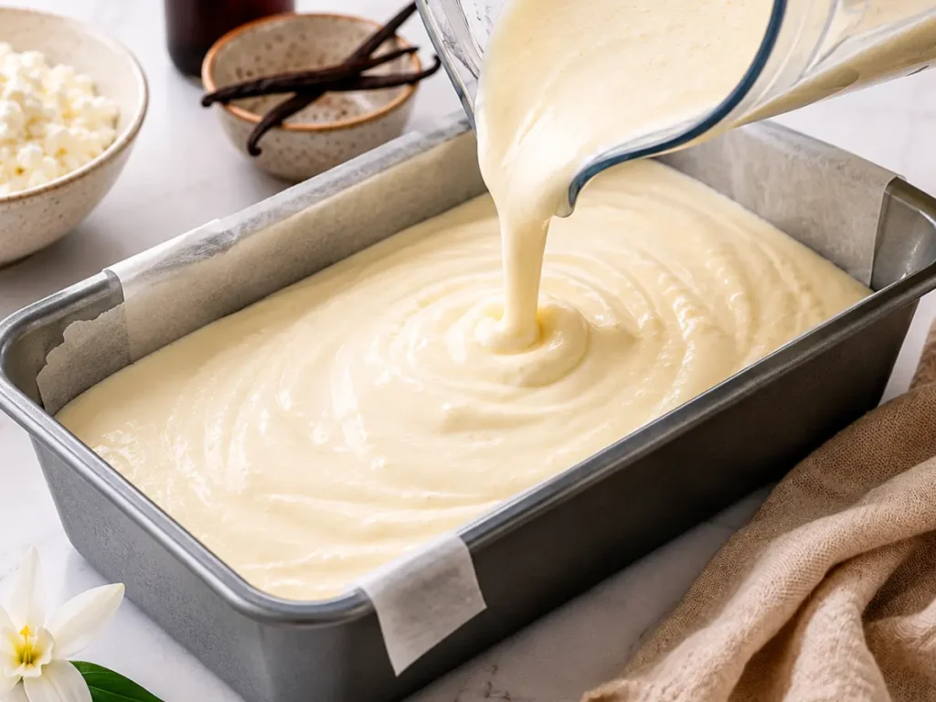 Blended keto cottage cheese ice cream base in a loaf pan before freezing