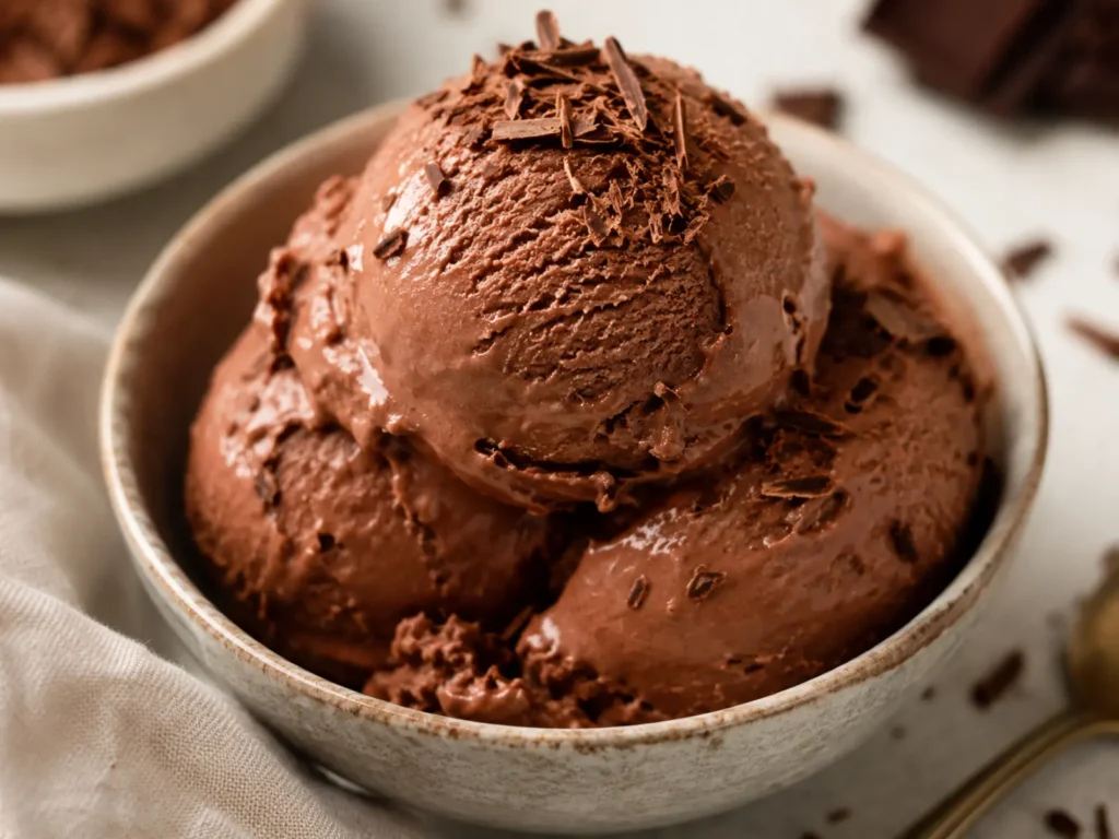 Chocolate cottage cheese ice cream scooped into a bowl with chocolate shavings, a creamy high-protein dessert.