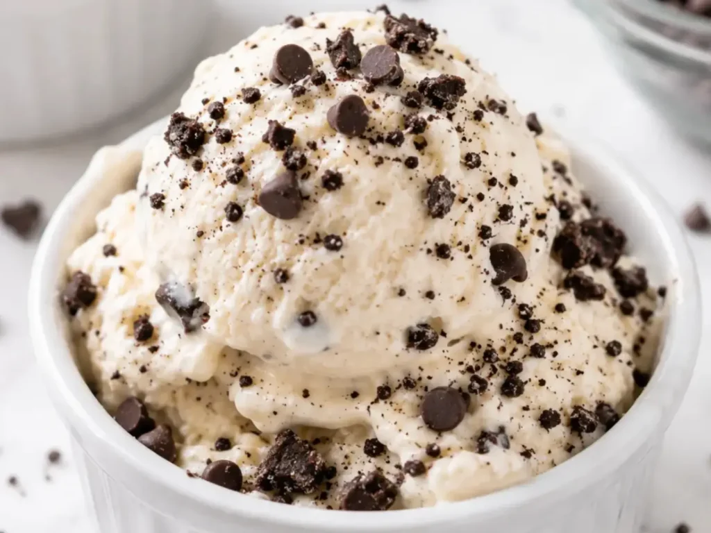 Cottage cheese ice cream scooped into a white ramekin with chocolate chips and cookie crumbs, made as a creamy high-protein no-machine dessert.