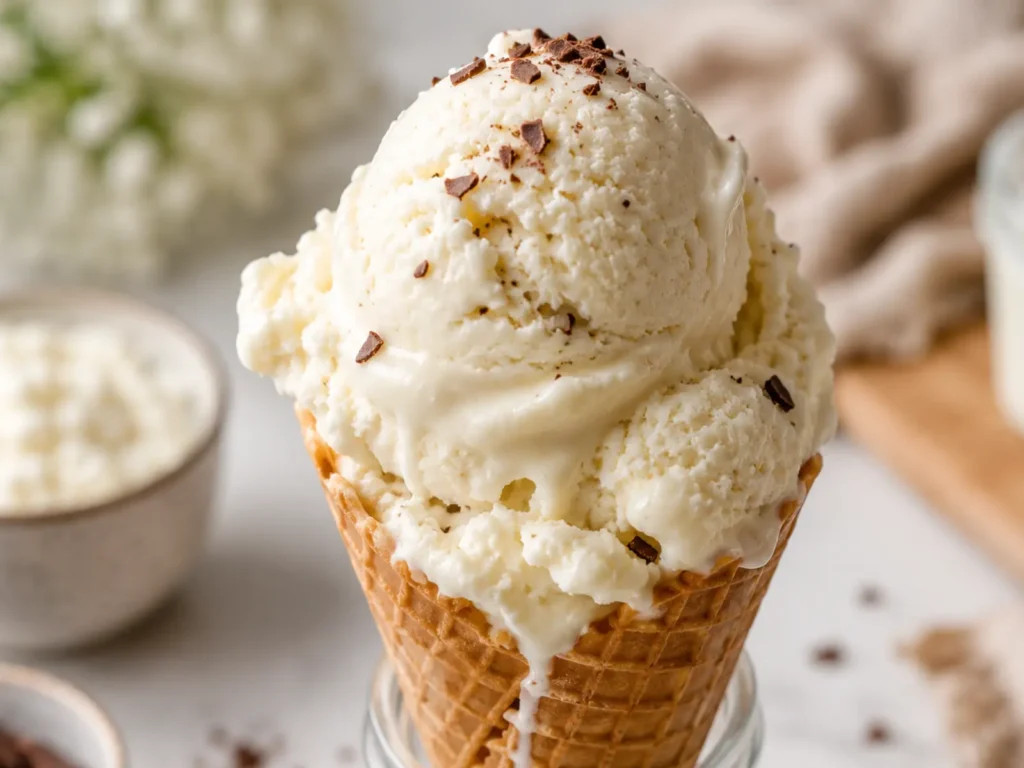 Keto cottage cheese ice cream in a waffle cone with creamy vanilla texture and chocolate shavings