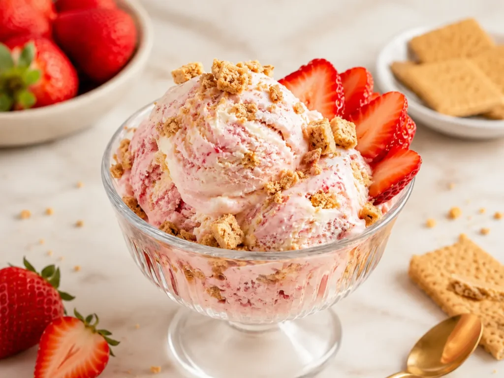 Strawberry Cottage Cheese Ice Cream with graham cracker swirl, fresh strawberries, and creamy cheesecake-style scoops.