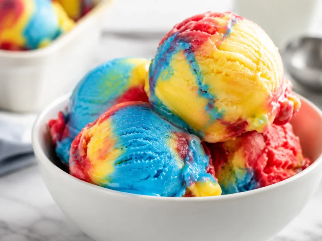Superman Ice Cream with red, blue, and yellow scoops in a white bowl