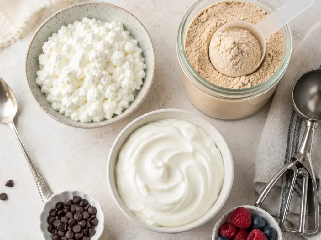 The best protein bases for high protein ice cream, including cottage cheese, Greek yogurt, and protein powder.