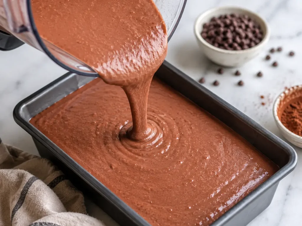 blended chocolate base poured into a loaf pan. ALT: Blended chocolate cottage cheese ice cream poured into a loaf pan before freezing