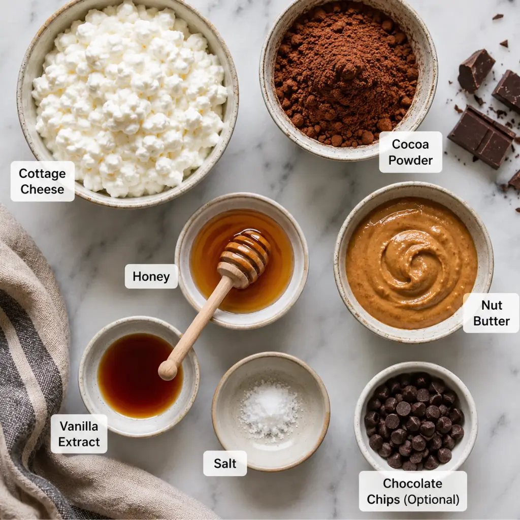  Ingredients for chocolate cottage cheese ice cream including cottage cheese, cocoa powder, honey and nut butter 