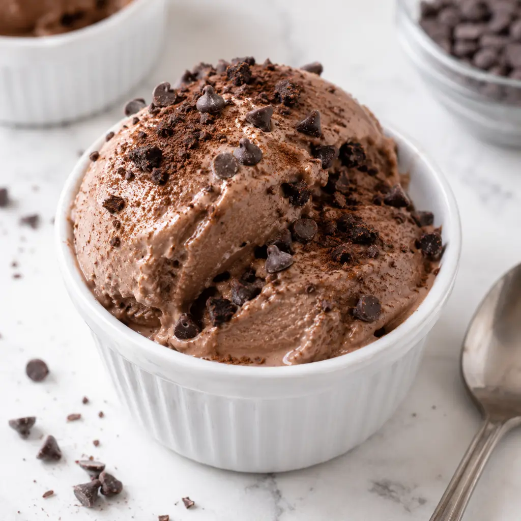 Chocolate cottage cheese ice cream served in a bowl, a creamy high-protein dessert made without an ice cream machine.