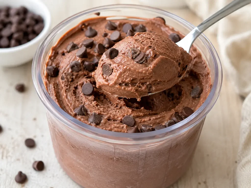 Chocolate Ninja Creami Cottage Cheese Ice Cream topped with chocolate chips and scooped from a creamy pint.