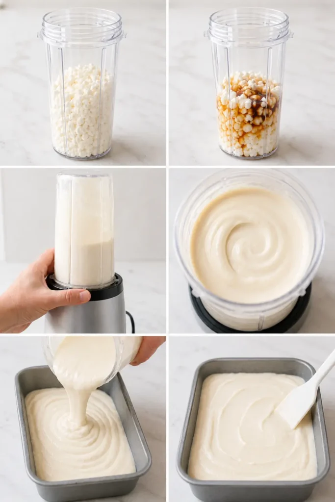 Step-by-step cottage cheese ice cream process showing cottage cheese blended with sweetener and poured into a loaf pan for freezing.