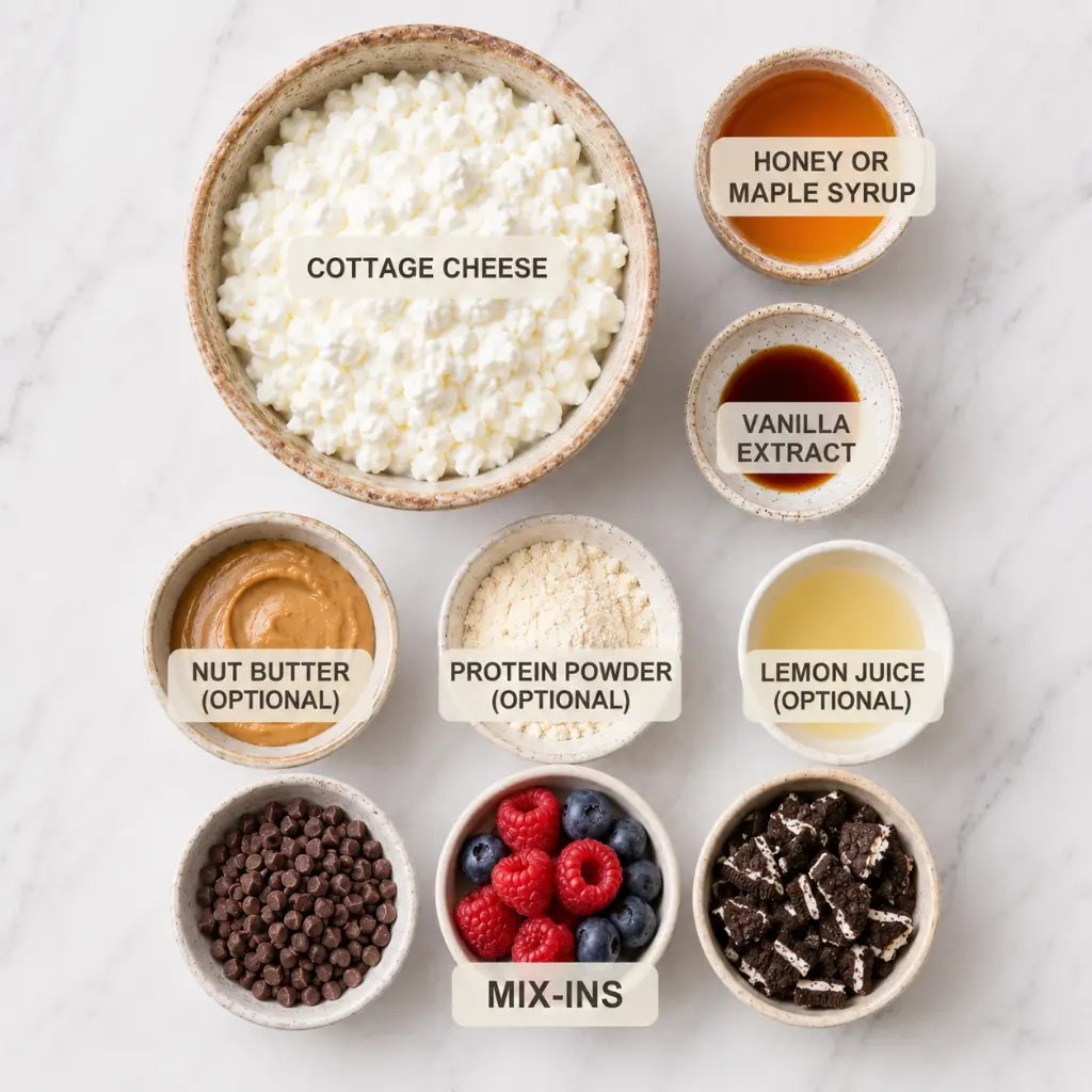 Cottage cheese ice cream ingredients flat lay with cottage cheese, honey or maple syrup, vanilla extract, nut butter, protein powder, lemon juice, berries, chocolate chips, and crushed cookies.
