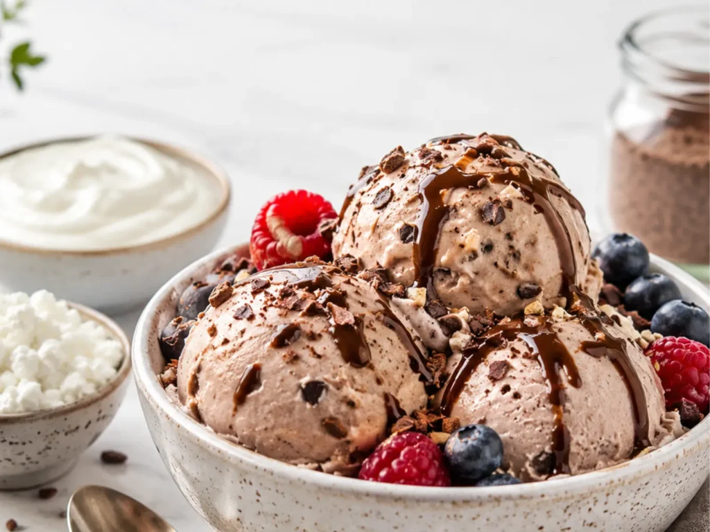 High protein ice cream scooped into a bowl with chocolate drizzle, berries, cottage cheese, and Greek yogurt.