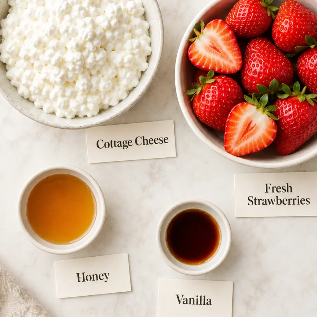  Ingredients for strawberry cottage cheese ice cream including cottage cheese, fresh strawberries, honey and vanilla