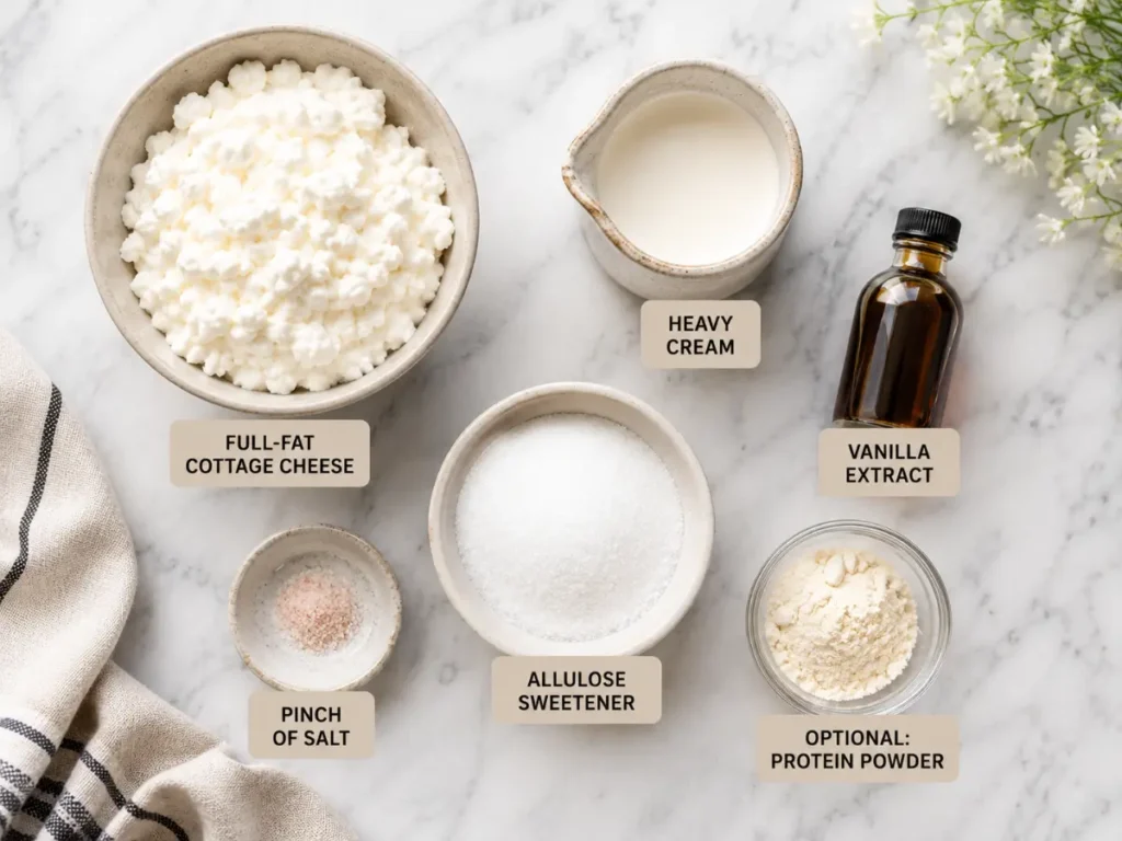Ingredients for keto cottage cheese ice cream including full-fat cottage cheese, allulose, heavy cream and vanilla