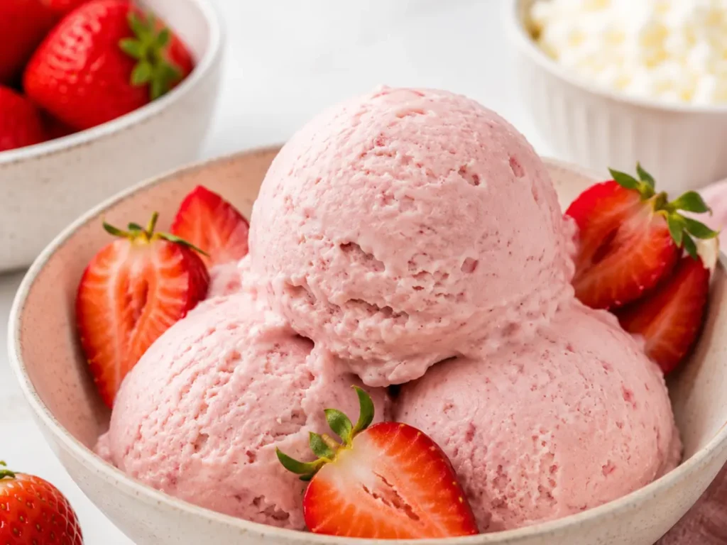 Keto strawberry cottage cheese ice cream topped with fresh strawberries