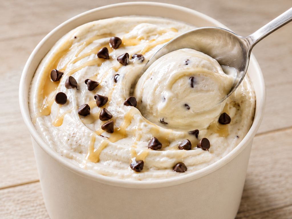 Ninja Creami Cottage Cheese Ice Cream with chocolate chips and caramel drizzle scooped from a creamy pint.