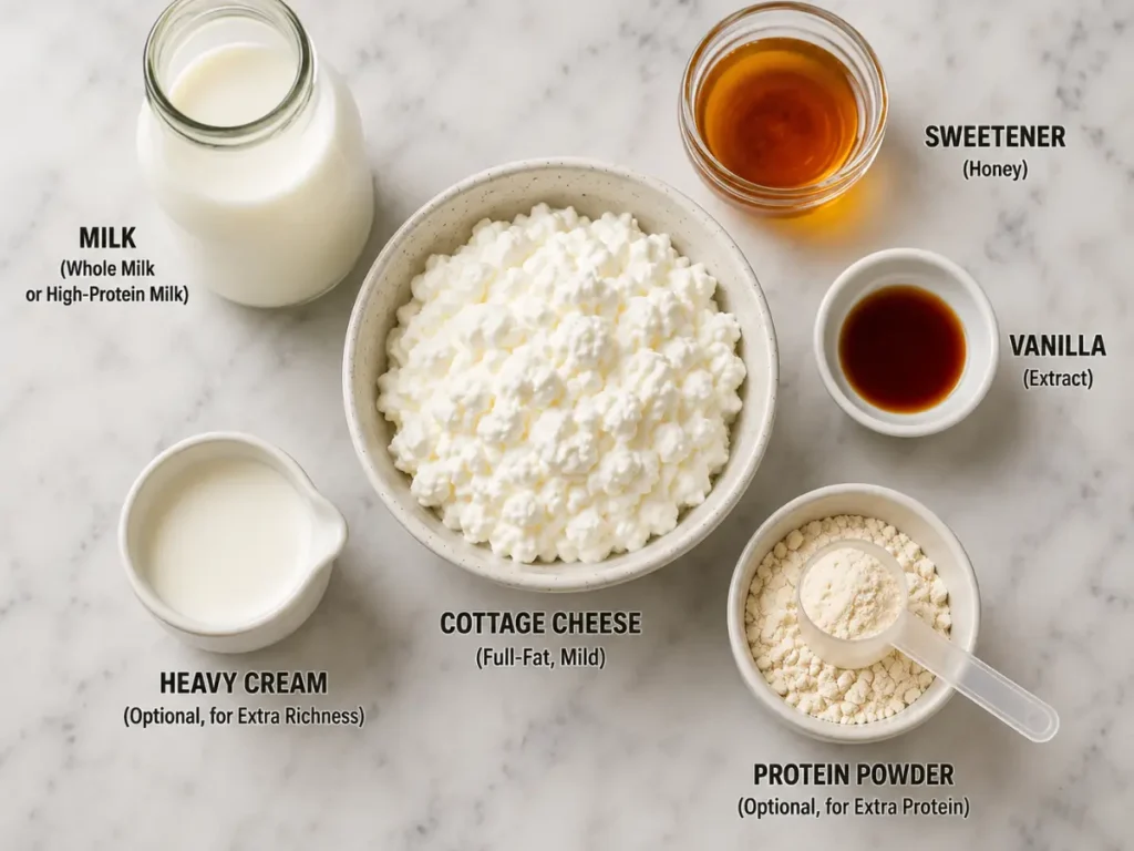 Ingredients for Ninja Creami Cottage Cheese Ice Cream, including cottage cheese, milk, honey, vanilla, and protein powder for a creamy high-protein dessert.