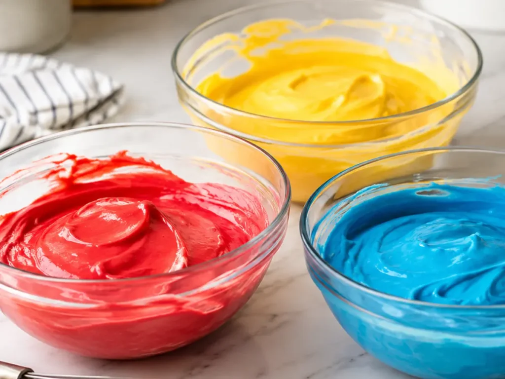 Red, blue, and yellow no-churn ice cream bases for homemade Superman Ice Cream