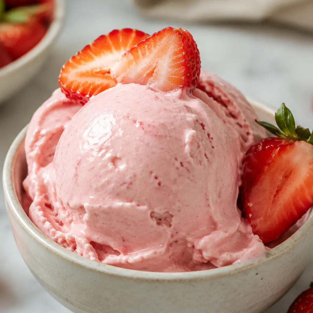 Strawberry Cottage Cheese Ice Cream scooped in a bowl with fresh strawberries, creamy high-protein homemade dessert.