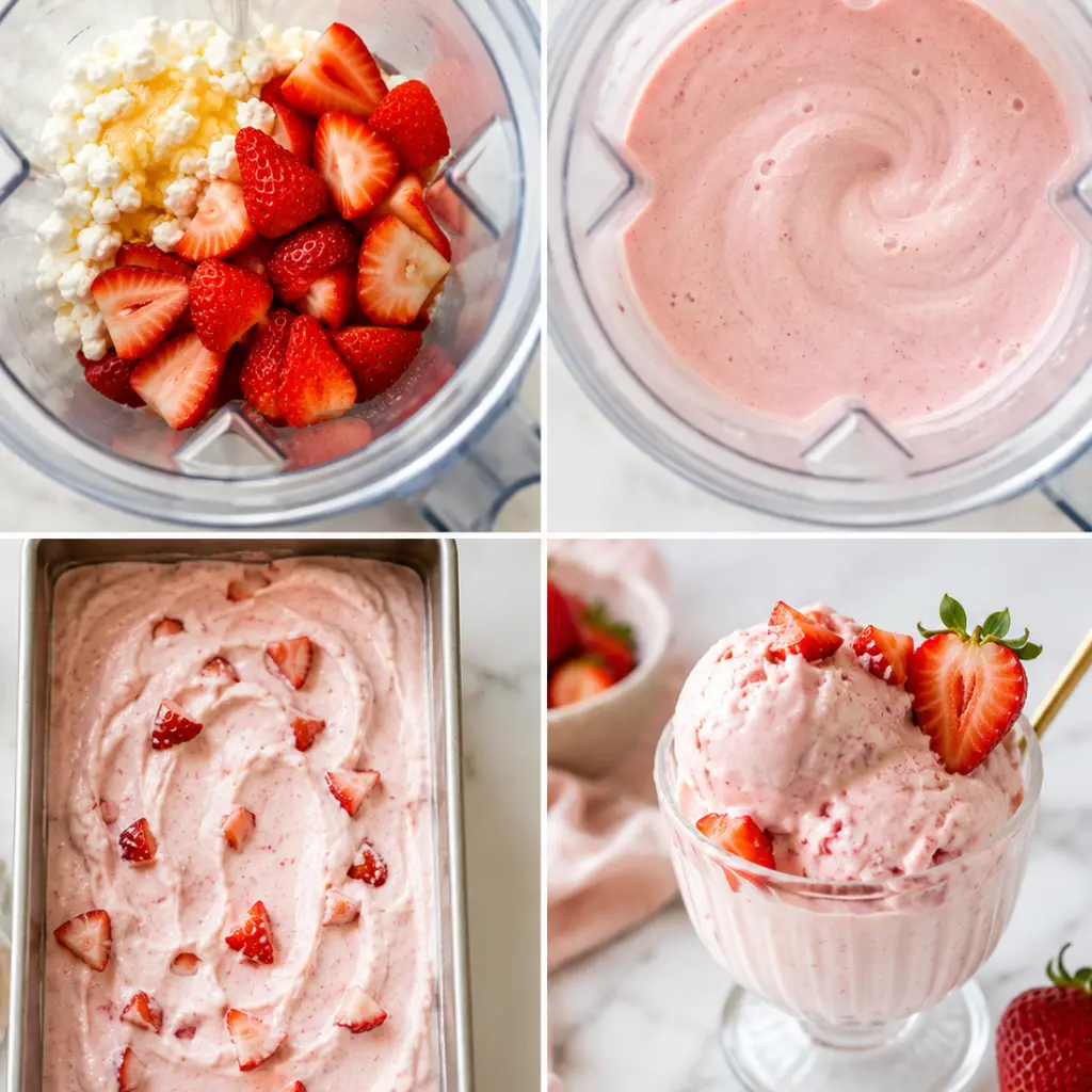Strawberry Cottage Cheese Ice Cream step-by-step collage with blended strawberry base, freezer pan, and finished scoop.