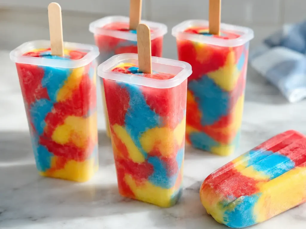 Superman Popsicles made with red, blue, and yellow no-churn ice cream bases