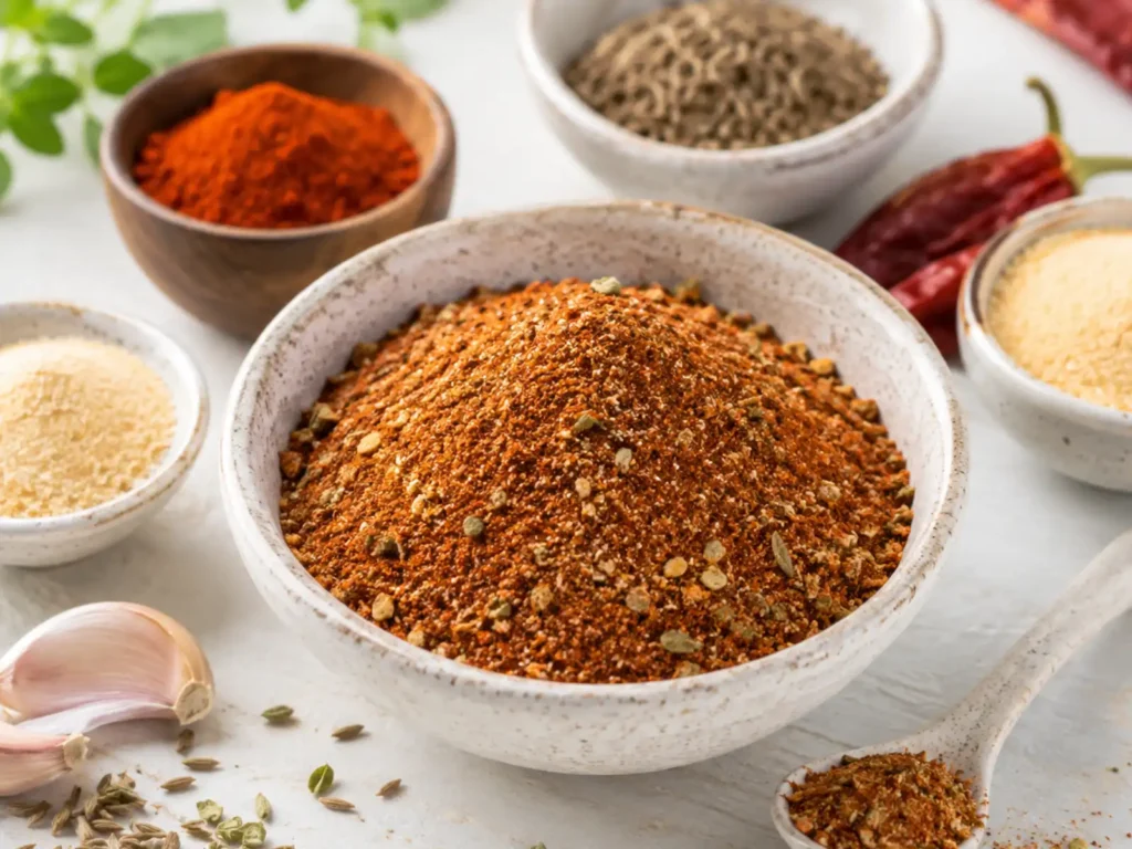 Homemade chicken fajita seasoning in a small bowl surrounded by spices