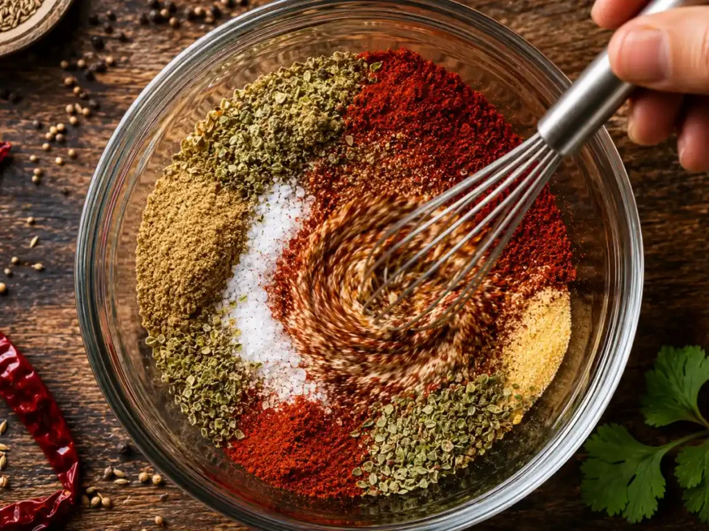 Whisking together homemade chicken fajita seasoning spices in a bowl 