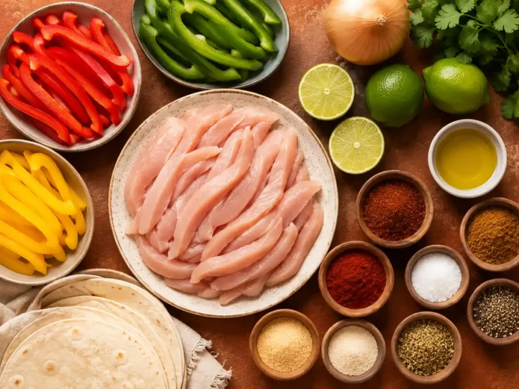 Fresh chicken fajita ingredients including chicken, bell peppers, onions and spices
