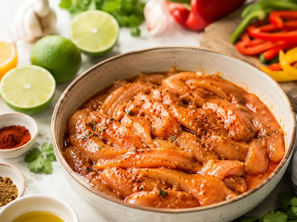 Chicken strips marinating in a zesty lime and spice chicken fajita marinade