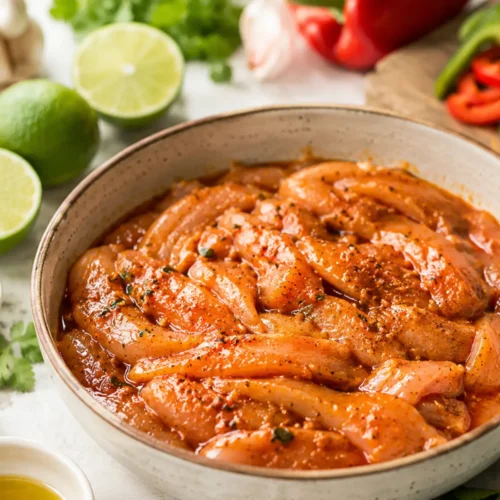 Chicken strips marinating in a zesty lime and spice chicken fajita marinade