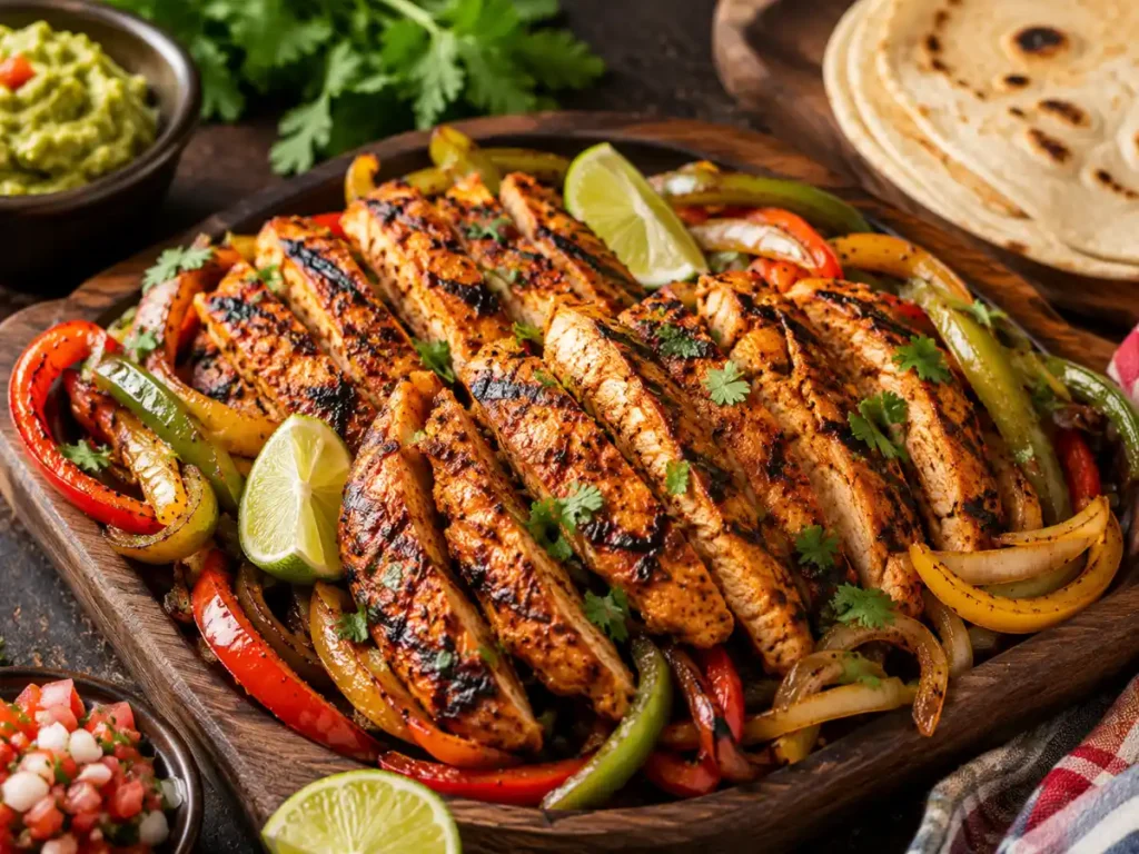 Grilled chicken fajita strips cooked from the marinade with char marks 