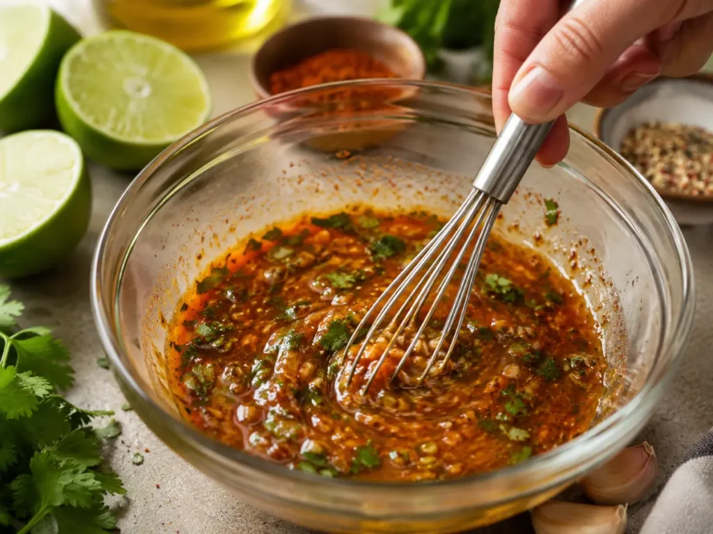 Whisking together a chicken fajita marinade in a bowl 