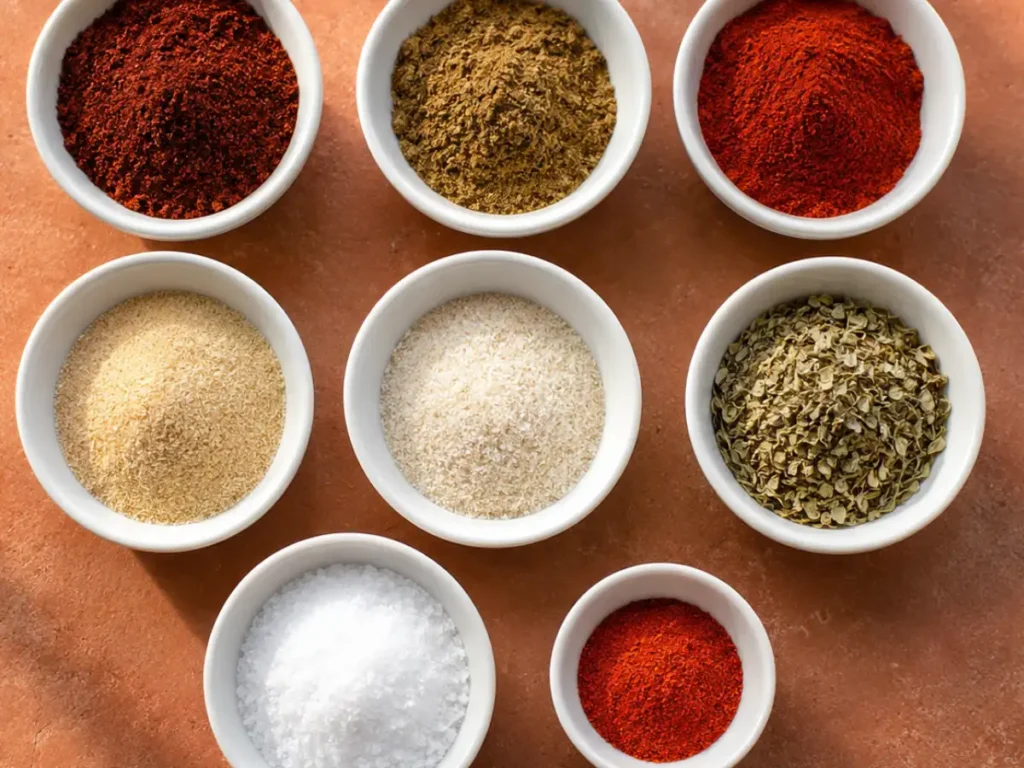 Small white bowls filled with homemade chicken fajita seasoning ingredients, including chili powder, cumin, paprika, garlic powder, onion powder, oregano, salt, and cayenne pepper, arranged on a rustic surface.