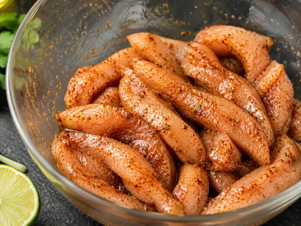 Raw chicken strips tossed with homemade fajita seasoning and oil in a bowl
