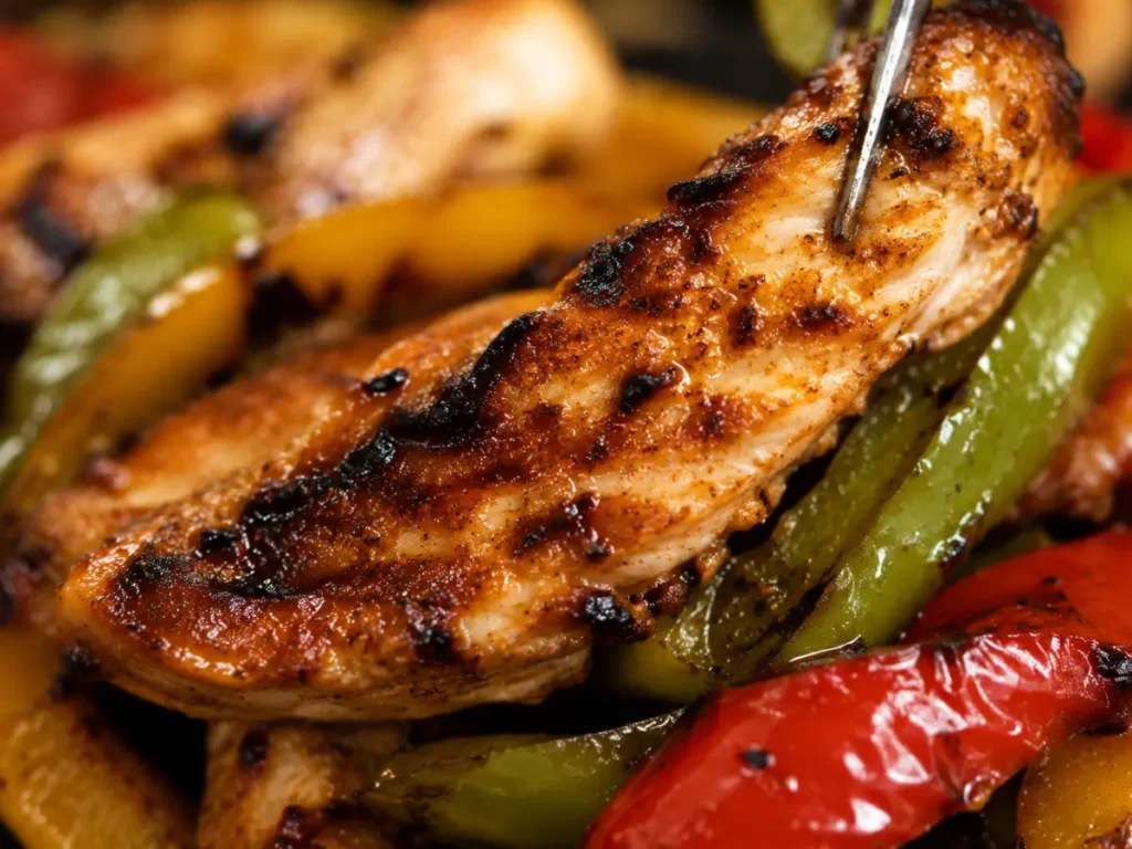 Close-up of a charred juicy chicken fajitas strip with blistered peppers