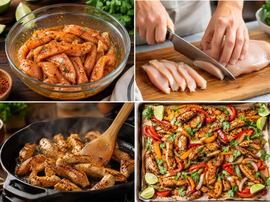 Step-by-step chicken fajitas collage showing marinated chicken strips, slicing chicken breast, searing chicken in a skillet, and sheet pan chicken fajitas with peppers, onions, lime, and cilantro.