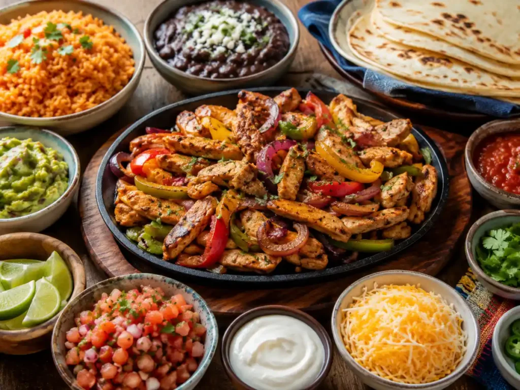Chicken fajitas served with rice, beans, guacamole and toppings 