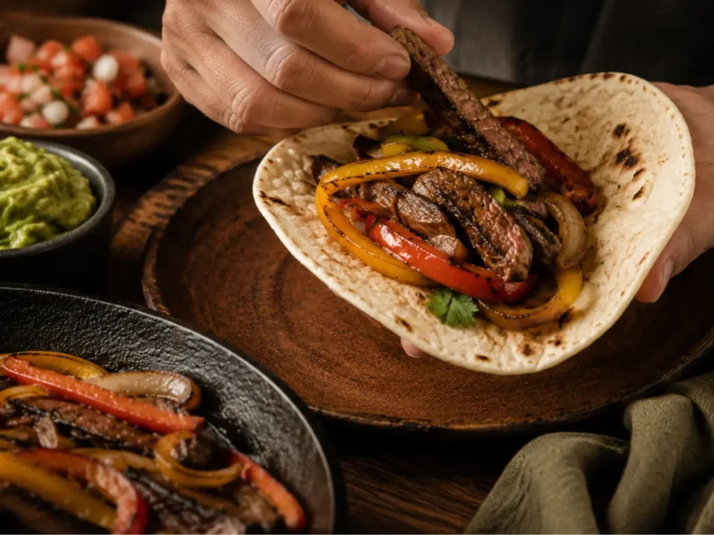 Hands assembling a flank steak fajita on a warm tortilla with toppings