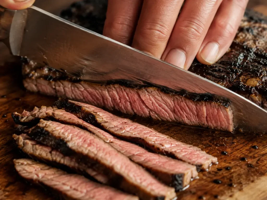 Slicing flank steak thinly against the grain with a sharp knife -