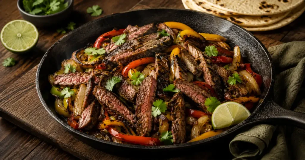 Sliced flank steak fajitas with charred peppers and onions in a cast-iron skillet
