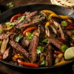 Sliced flank steak fajitas with charred peppers and onions in a cast-iron skillet