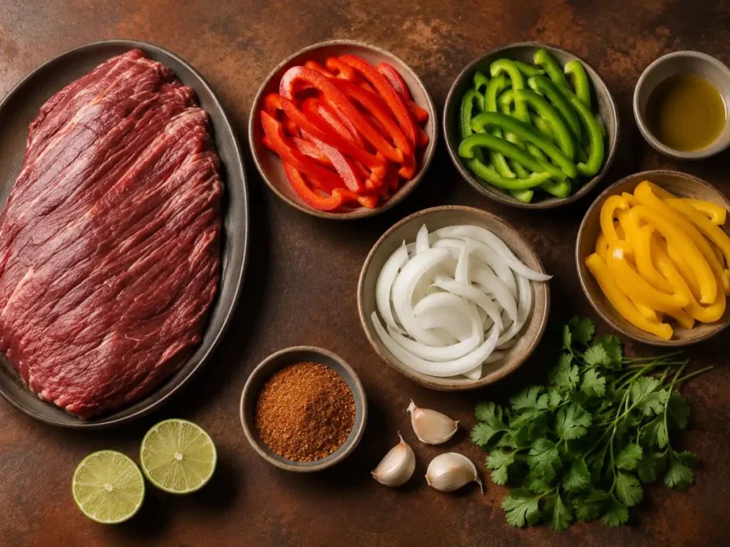 Ingredients for flank steak fajitas including flank steak, bell peppers, onions and spices