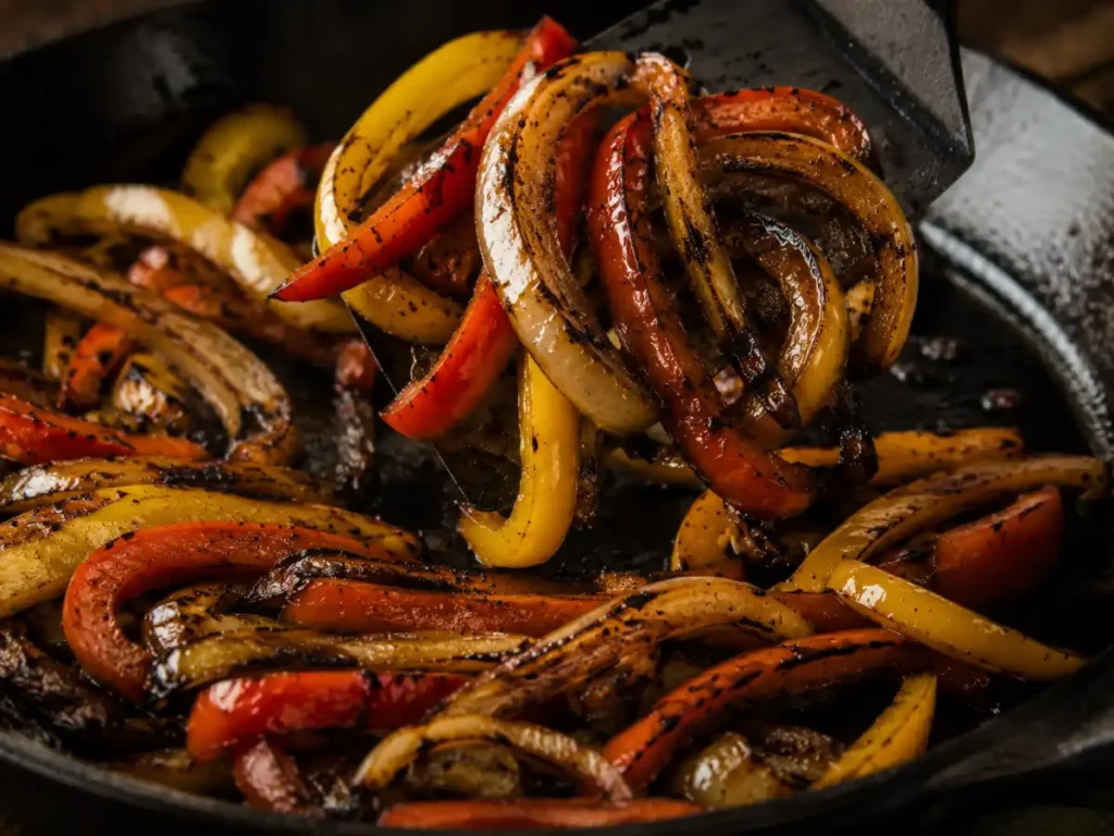 Charred blistered bell peppers and onions in a hot cast-iron skillet