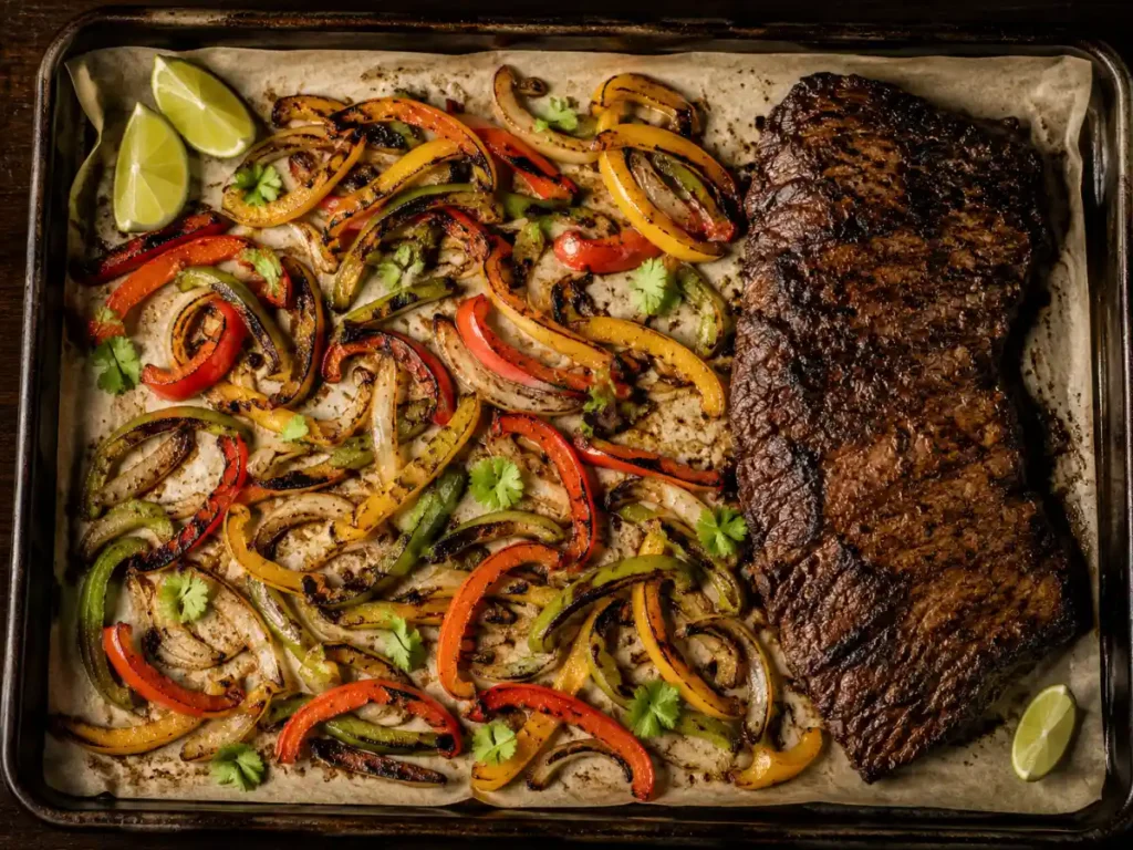 Sheet pan flank steak fajitas with roasted peppers and onions spread out for char