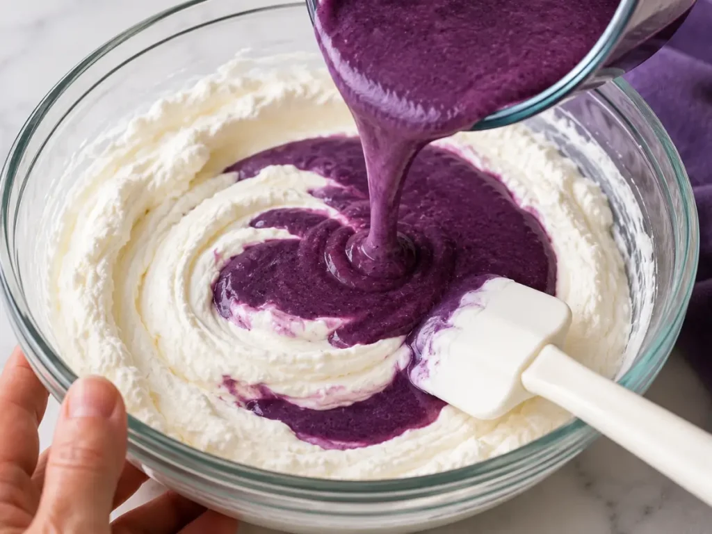 Folding purple grape base into whipped cream for an easy no churn grape ice cream recipe