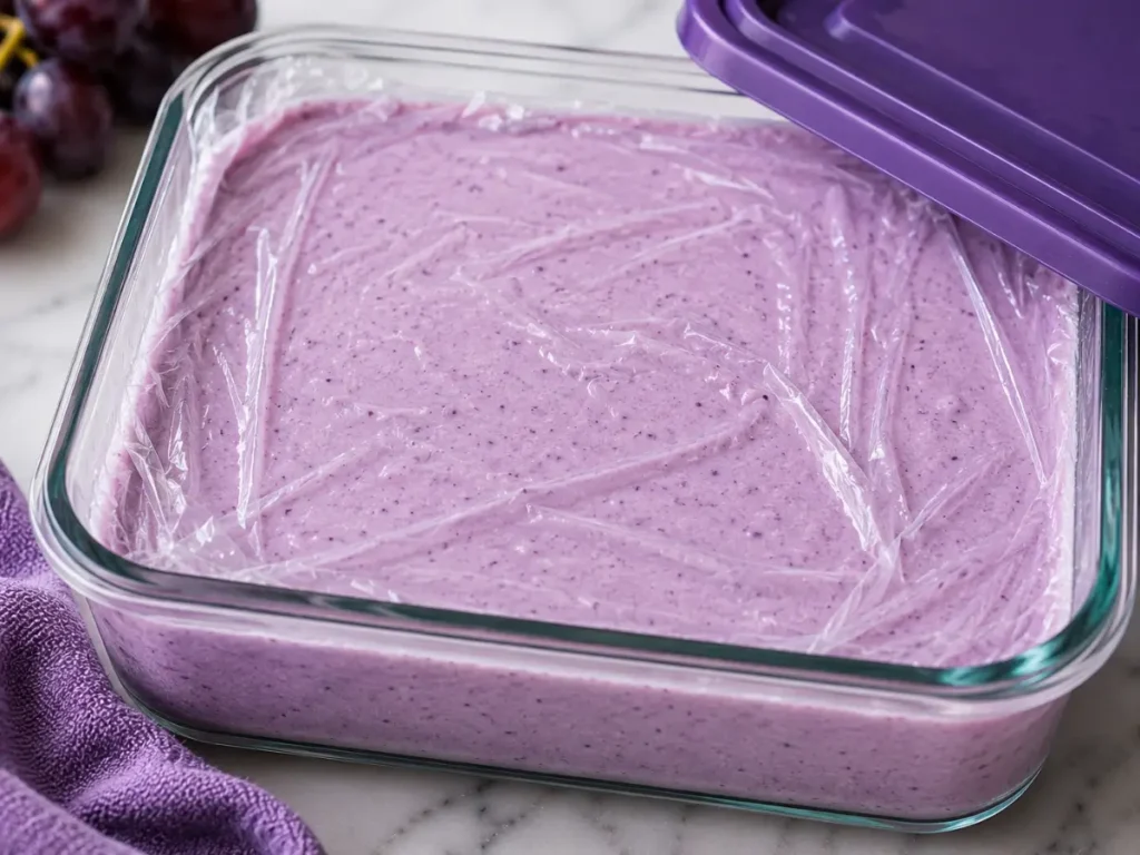 Grape ice cream recipe stored in a glass freezer container with plastic wrap to prevent ice crystals