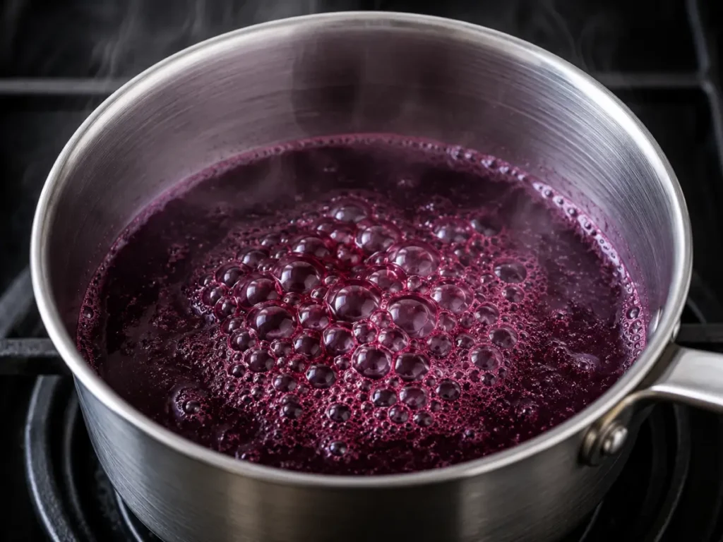 Grape juice reduction simmering in a saucepan for a creamy grape ice cream recipe