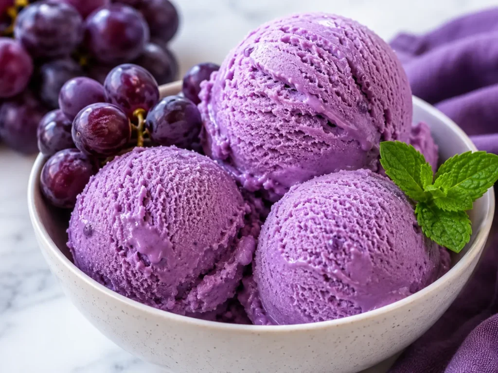 Grape ice cream recipe served as creamy purple scoops in a bowl with fresh grapes and mint
