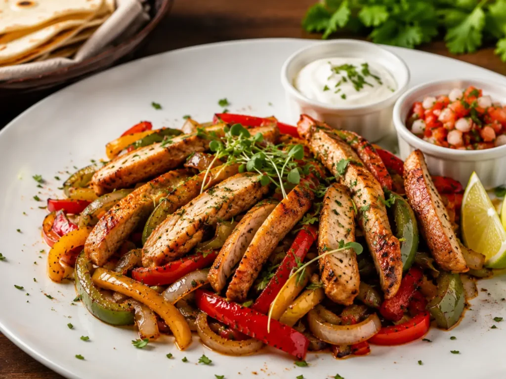 Sizzling chicken fajitas in a cast-iron skillet with peppers, onions and lime