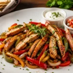 Sizzling chicken fajitas in a cast-iron skillet with peppers, onions and lime