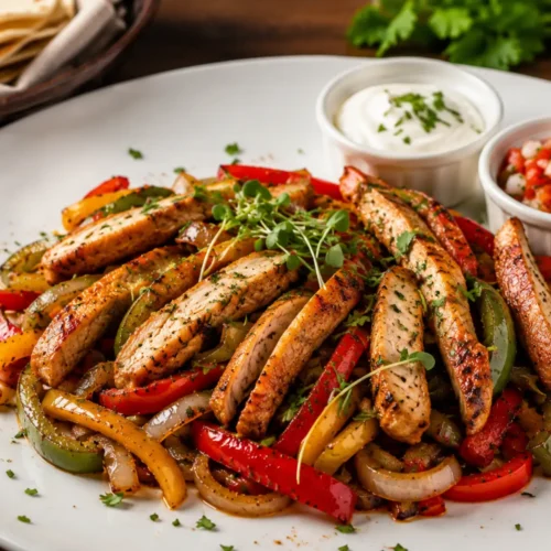Sizzling chicken fajitas in a cast-iron skillet with peppers, onions and lime